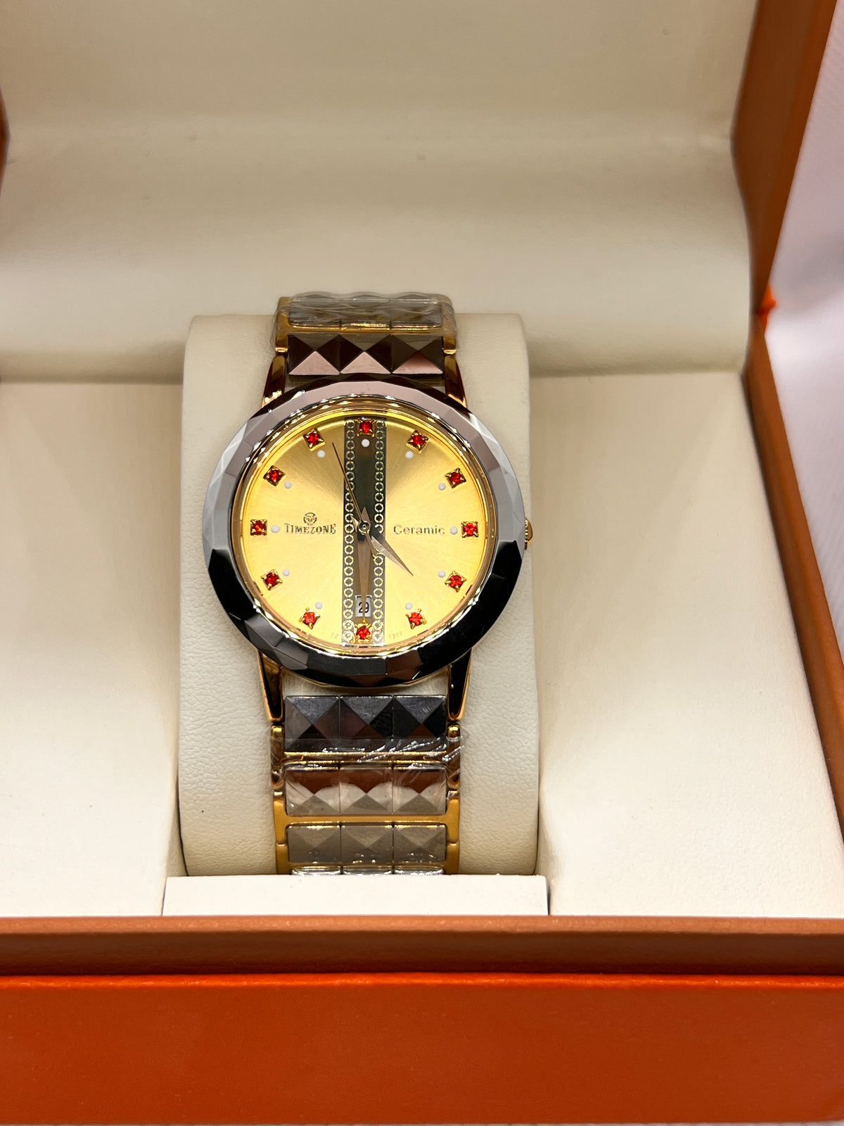 TMZ Ceramic Gold Faceted Stone-Set Date Men's Watch