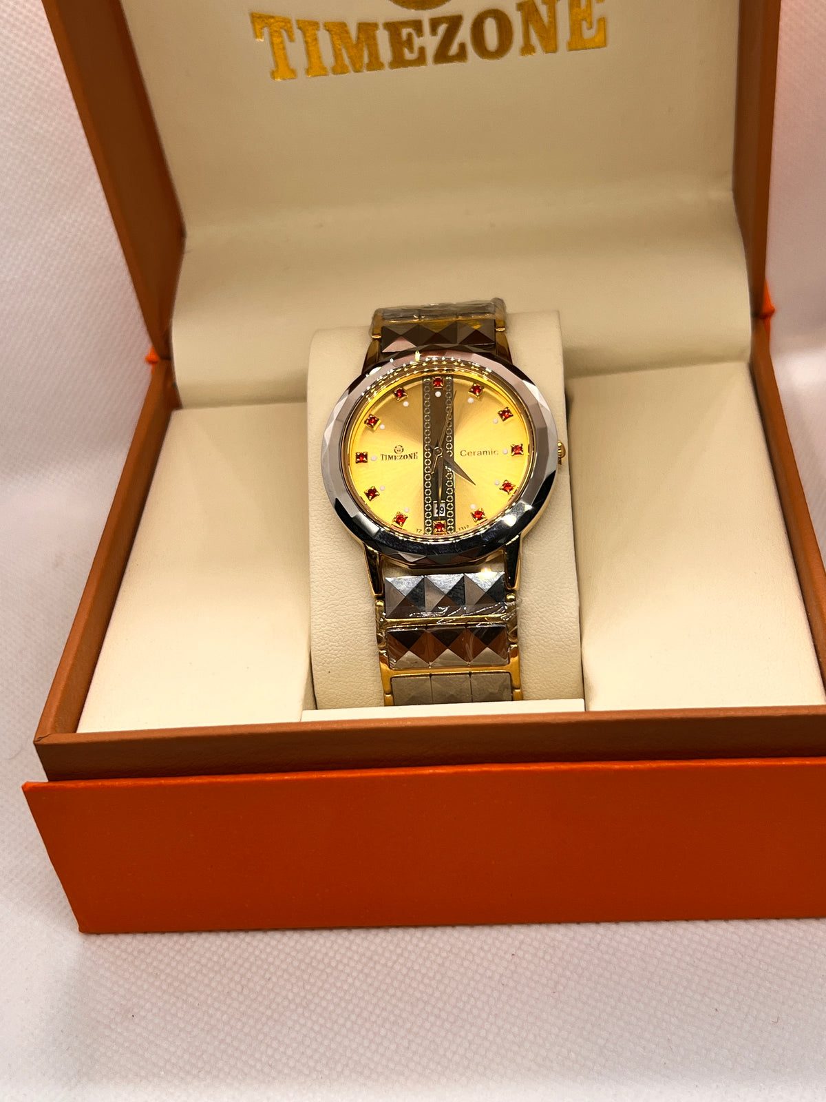 TMZ Ceramic Gold Faceted Stone-Set Date Men's Watch