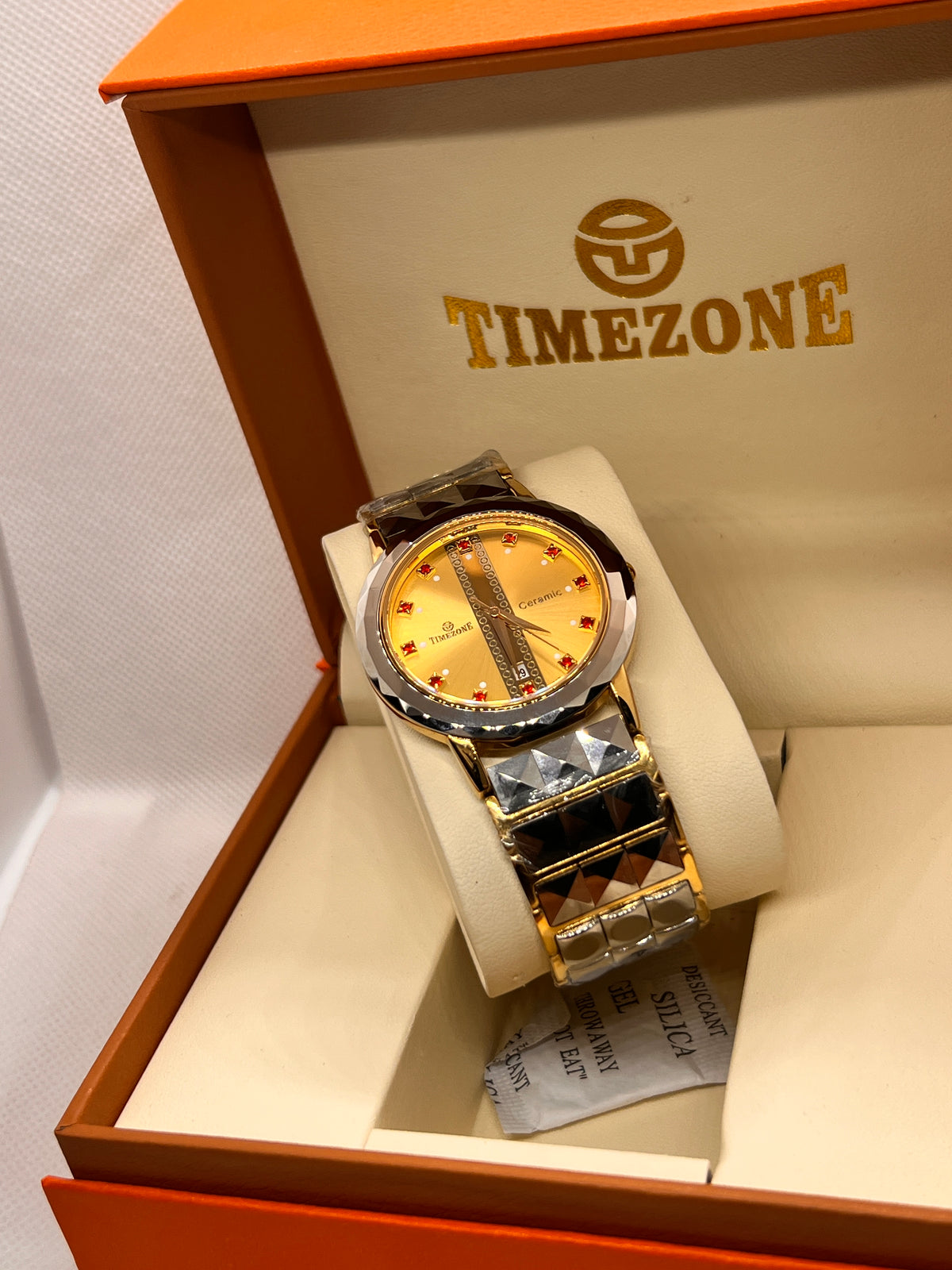 TMZ Ceramic Gold Faceted Stone-Set Date Men's Watch