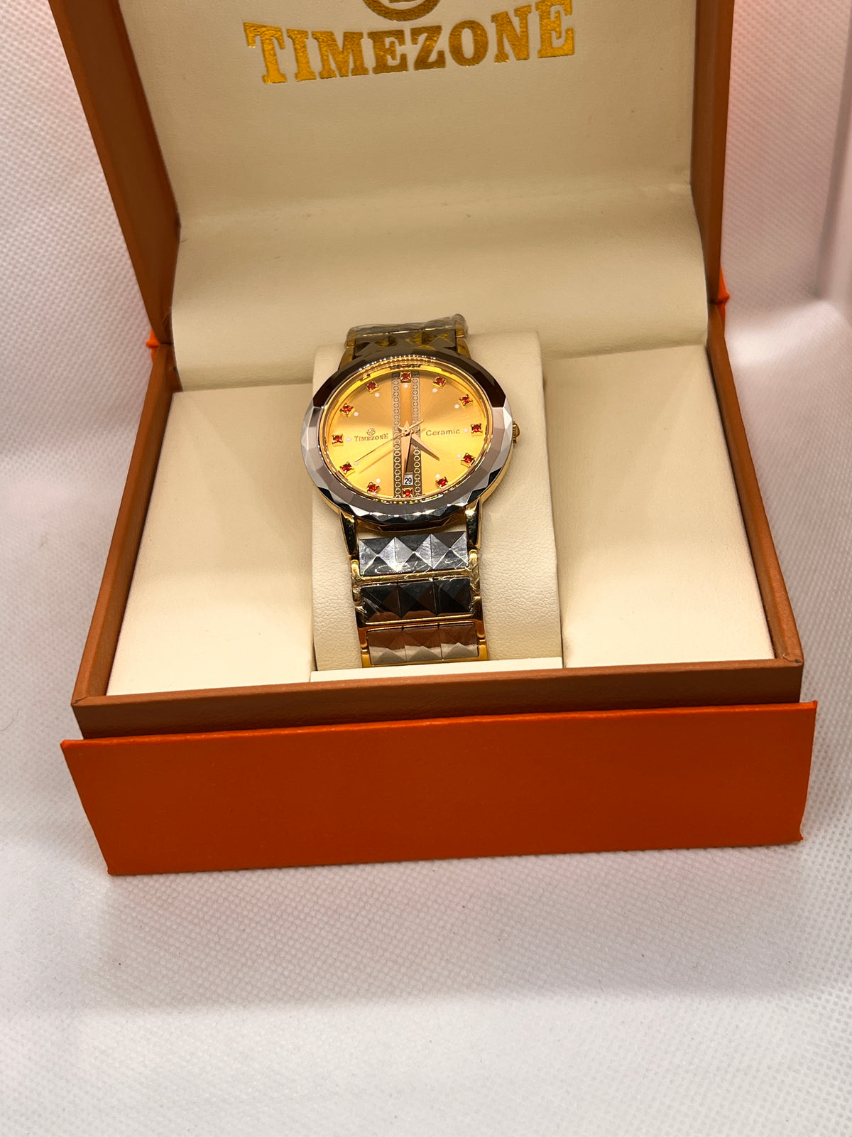 TMZ Ceramic Gold Faceted Stone-Set Date Men's Watch