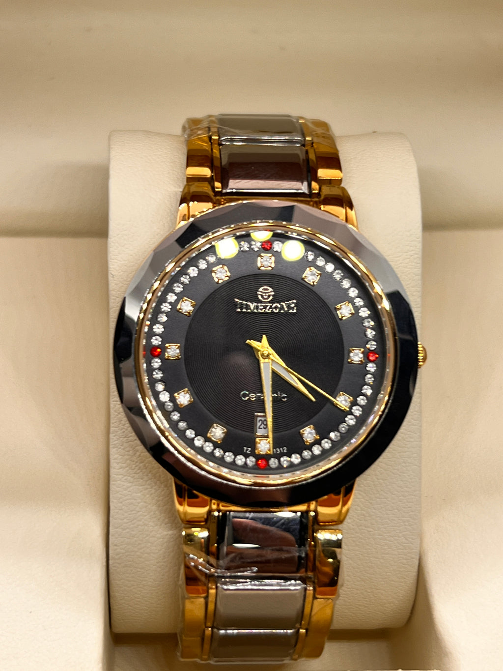 TMZ Ceramic Gold Crystal Bezel Date Men's Watch