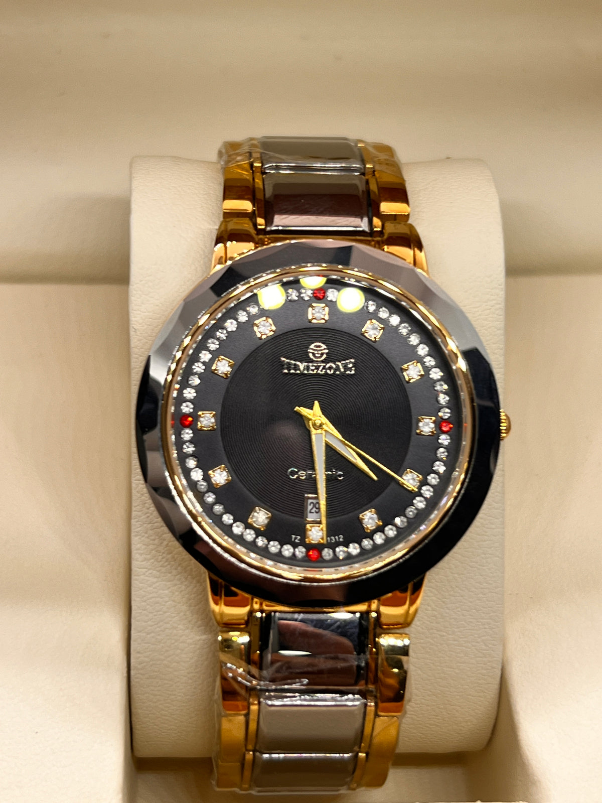 TMZ Ceramic Gold Crystal Bezel Date Men's Watch