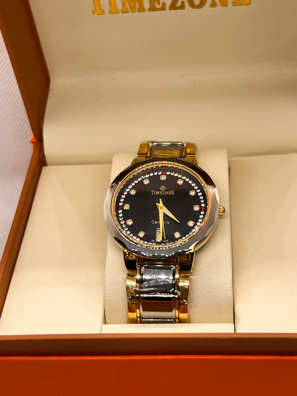 TMZ Ceramic Gold Crystal Bezel Date Men's Watch