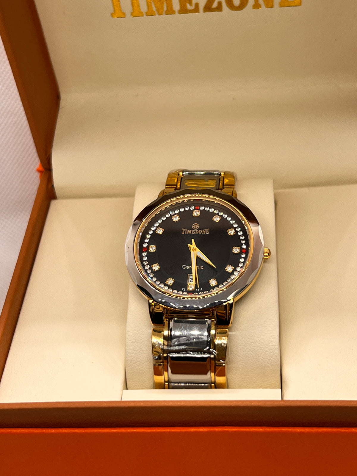 TMZ Ceramic Gold Crystal Bezel Date Men's Watch