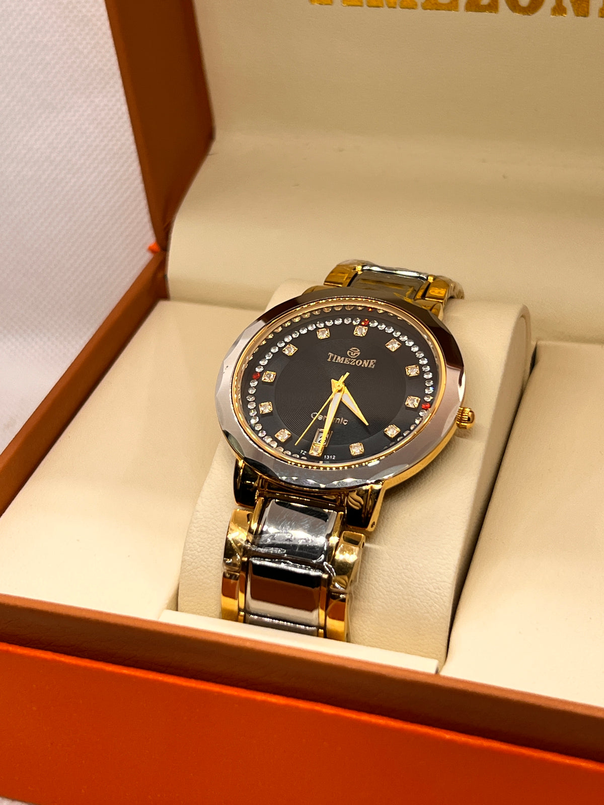 TMZ Ceramic Gold Crystal Bezel Date Men's Watch