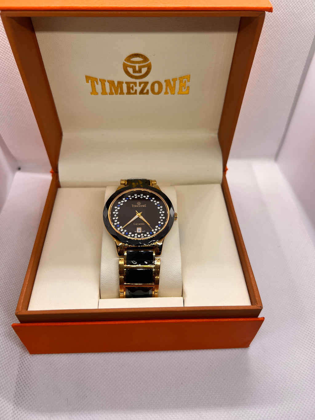 TMZ Ceramic Gold Crystal Bezel Date Men's Watch