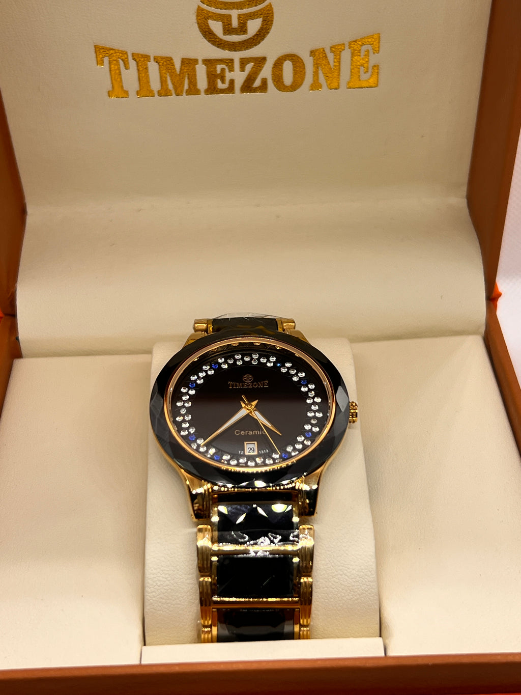 TMZ Ceramic Gold Crystal Bezel Date Men's Watch