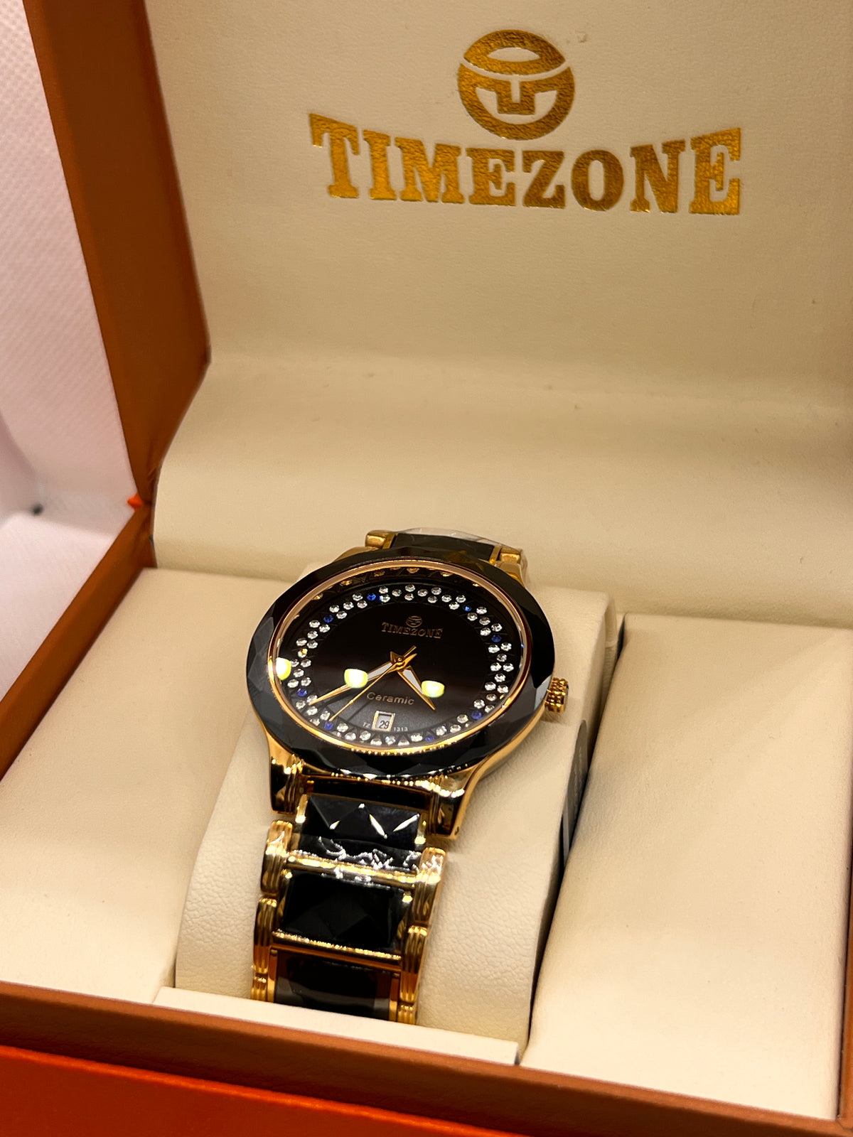 TMZ Ceramic Gold Crystal Bezel Date Men's Watch