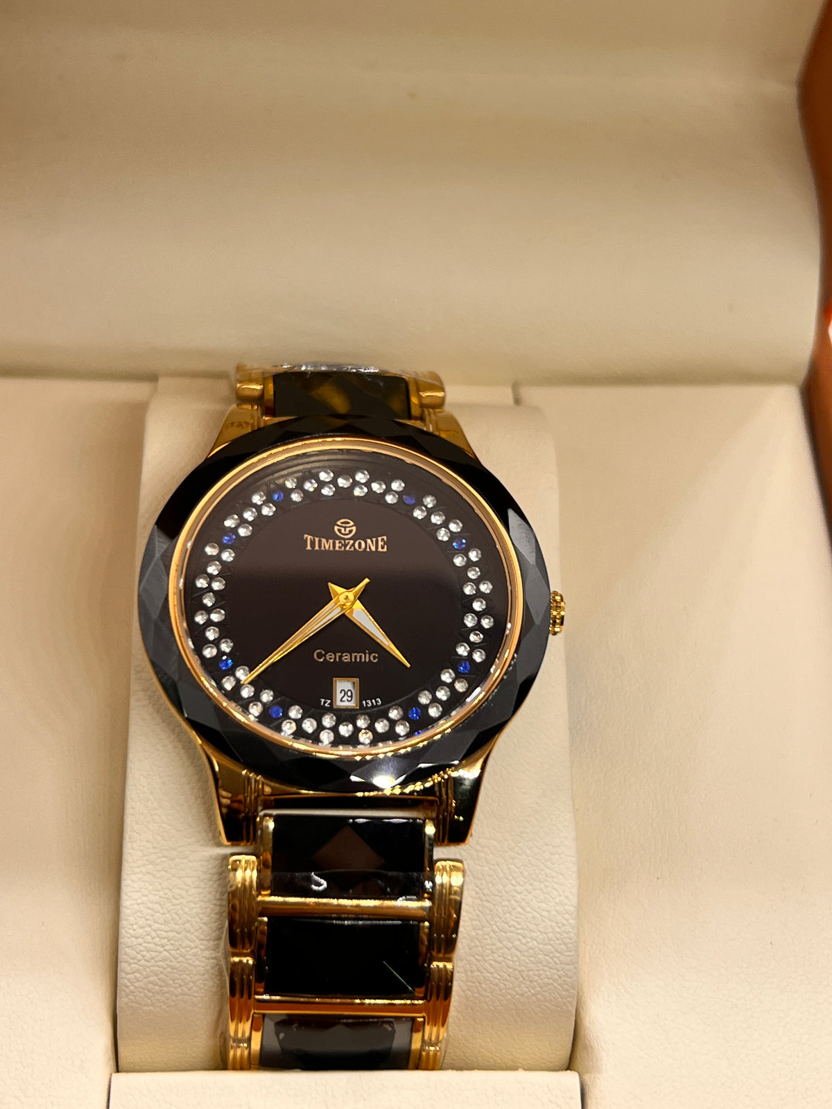 TMZ Ceramic Gold Crystal Bezel Date Men's Watch