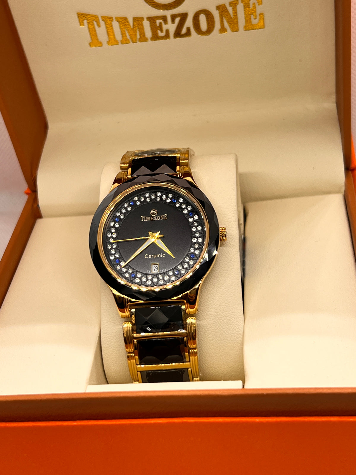 TMZ Ceramic Gold Crystal Bezel Date Men's Watch