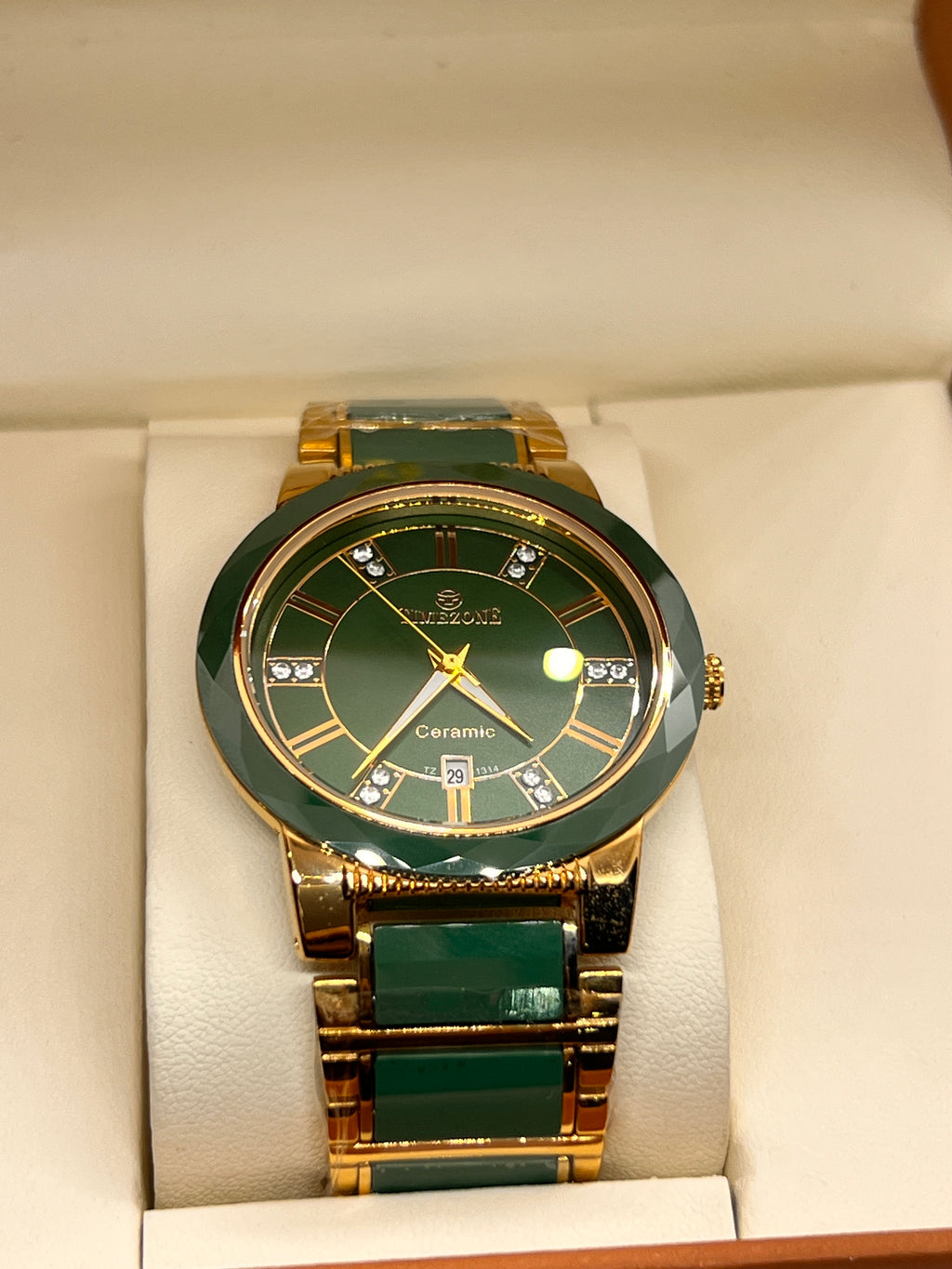 TMZ Ceramic Gold Roman Numeral Date Men's Watch