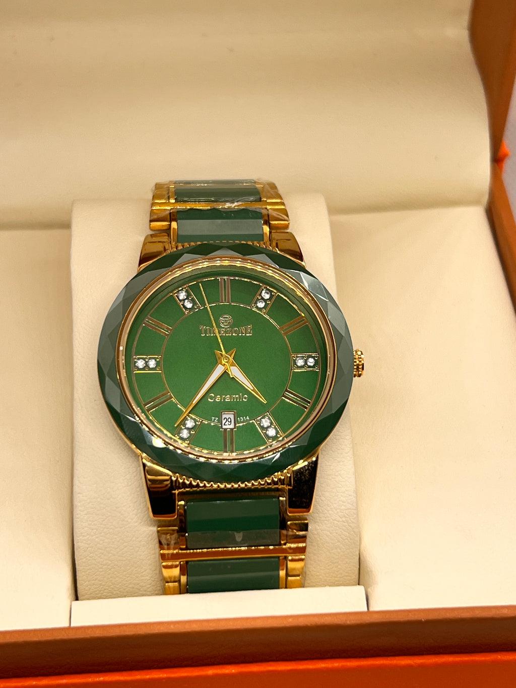 TMZ Ceramic Gold Roman Numeral Date Men's Watch
