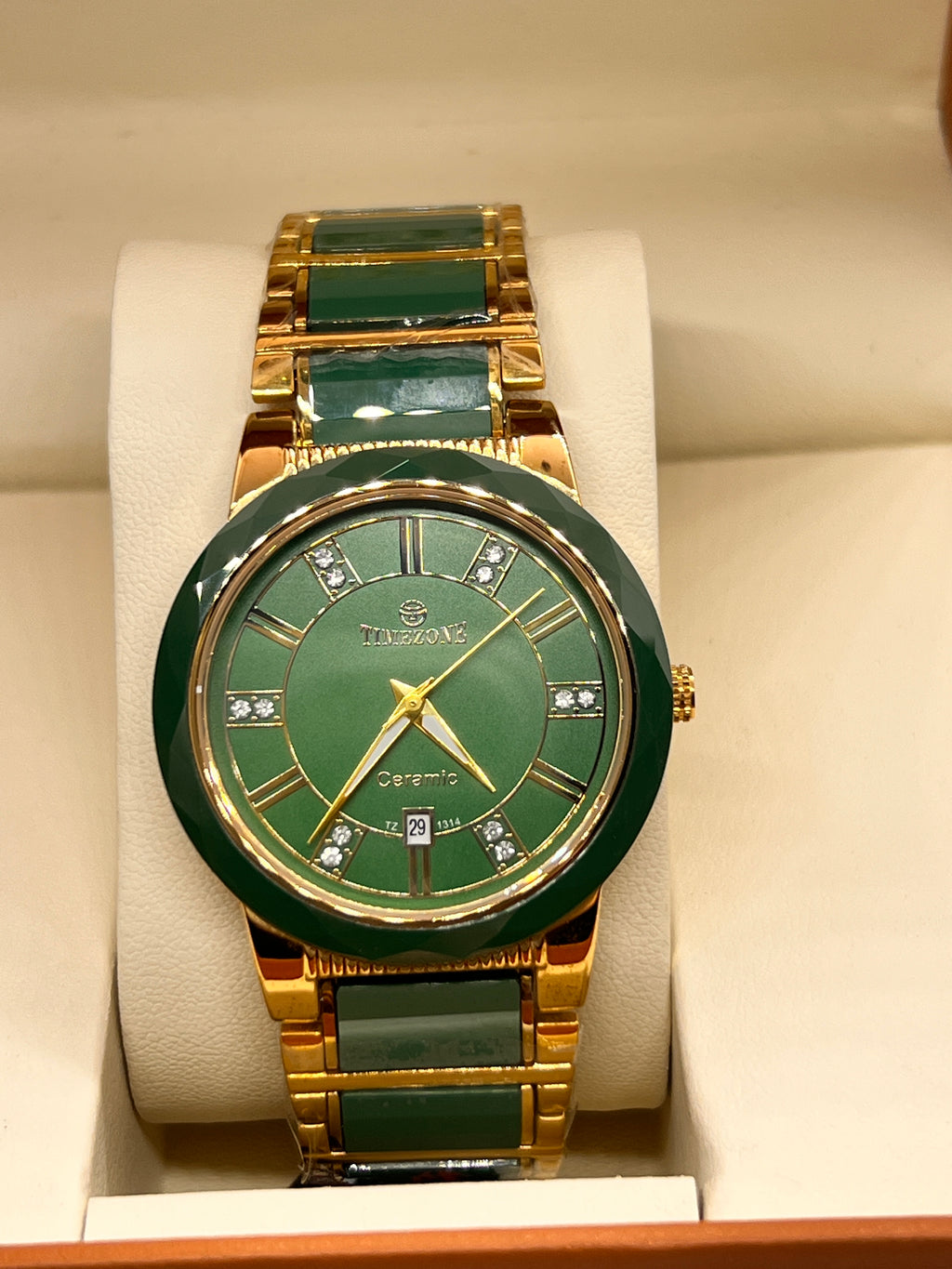TMZ Ceramic Gold Roman Numeral Date Men's Watch