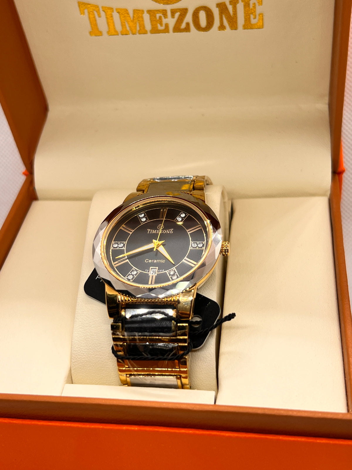 TMZ Ceramic Gold Roman Numeral Date Men's Watch