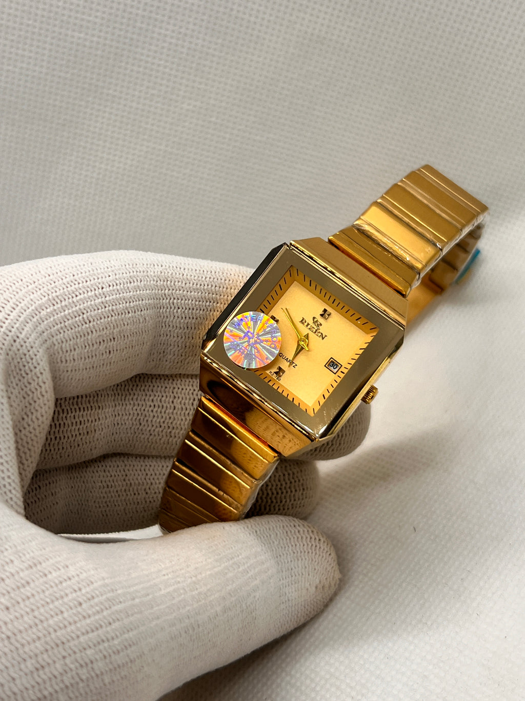 RIZ Gold Rectangular Dress Date Quartz Women's Watch